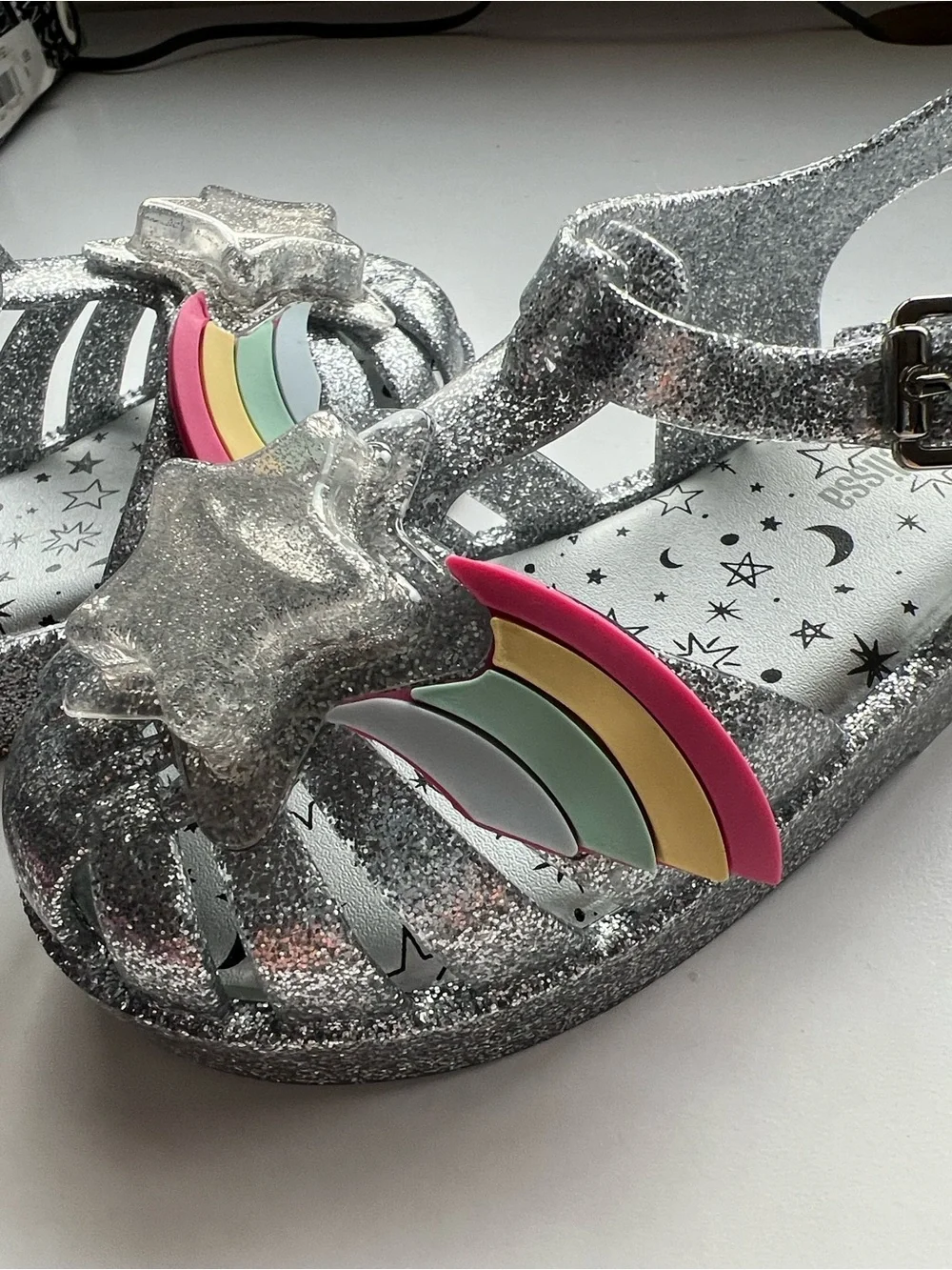 Mini Melissa Silver Glitter Jelly Sandals with Rainbow Accent Size 9